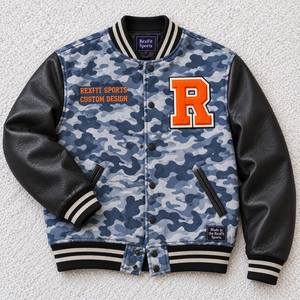 Veste universitaire camouflage personnalisée unisexe avec patchs lettres en chenille, manches en similicuir, col côtelé rayé et boutons-pression – Style streetwear - Product Image 2