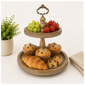 2 Tiered Wood Serving Stand with <b>Beaded</b> <b>Trim</b> Farmhouse Decorative Tray for Kitchen Counter & Coffee Bar Cupcake Stand - Product Image 6