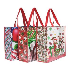Sacs cadeaux réutilisables en PP tissé avec poignées rouges et motifs festifs pour les courses et les cadeaux de Noël - Product Image 1