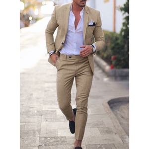 Traje de Verano para Hombre, Talla Grande, Estilo Informal, de Poliéster/Algodón, de Una Sola Fila y Un Botón, Color Sólido, Transpirable, Conjunto de 2 Piezas, a la Moda - Product Image 5