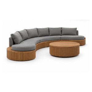 Solid Teak Wood Curved Outdoor Sofa Set with Gray Cushions and <b>Round</b> Coffee <b>Table</b> for <b>Patio</b> Garden Poolside Hotel Resort - Product Image 1