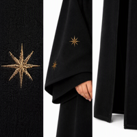 Abaya noire tricotée sur mesure ODM pour femme, broderie étoile dorée, devant ouvert, manches longues, robe kaftan musulmane, tenue modeste du Moyen-Orient, OEM
