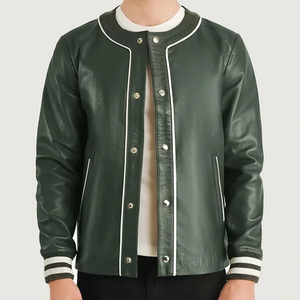 Blouson bomber en cuir PU vert pour homme, couleur unie, fermeture à boutons, col rabattu, coupe classique, vêtement d'automne - Product Image 1
