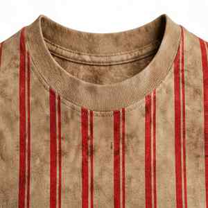 NEXTEX เสื้อยืดลายทางสำหรับทุกเพศ สีแทนแดง ผ้าฝ้ายเนื้อนุ่ม เสื้อยืดคอกลมลำลอง - Product Image 5