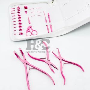 Kit d'outils pour extensions capillaires en acier inoxydable rose de qualité supérieure avec crochets à boucle, boîte, fils, aiguilles, pinces à ruban de vison durable, logo - Product Image 4