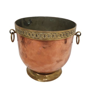 Vintage Hammered Copper Flower Pot with Brass Ring Handles and Decorative Band Copper Log Bin Antique <b>Jardiniere</b> - Product Image 1