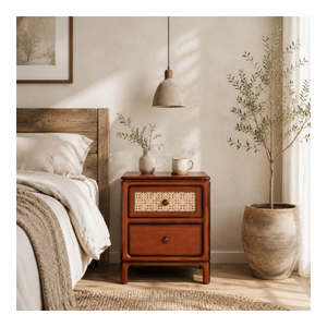 Table de chevet en bois de haute qualité avec 2 tiroirs et façade en rotin, meuble de rangement moderne pour chambre à coucher, fournisseur - Product Image 1