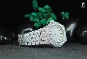 Round Brilliant Cut VS1 Moissanite Diamond <b>Watch</b> Luxury Mens Stainless Steel Tonneau Quartz 38mm Encrusted <b>Case</b> Analog Silver - Product Image 2
