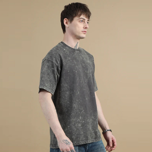 เสื้อยืดโอเวอร์ไซส์สีดำล้างสี ผ้าฝ้าย คอกลม แขนสั้น สไตล์ลำลอง สตรีทแวร์ ผ้าเจอร์ซีย์ถัก - Product Image 3
