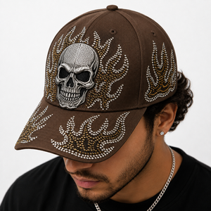 Gorra de béisbol personalizada al por mayor con pedrería, 6 paneles, visera curva, snapback, con calavera bordada en 3D y llama de cristal termoadhesiva - Product Image 2