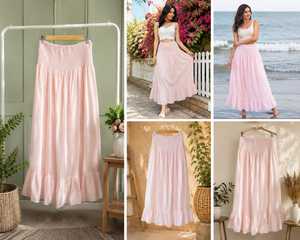 Women's Pink <b>Elastic</b> <b>Waist</b> A-Line Ball Gown Floor-Length <b>Skirt</b> Handmade Eco-Friendly 100% Cotton Bohemian Summer Breathable - Product Image 6