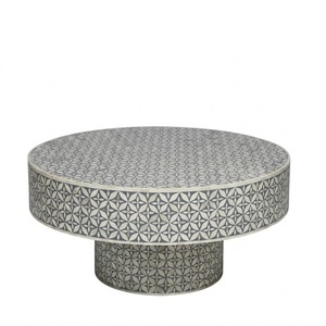 Mesa de centro redonda hecha a mano con incrustaciones de hueso negro, diseño floral moderno, con base de pedestal de latón cepillado para hotel - Product Image 5