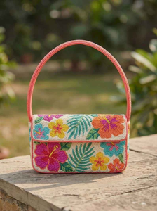 Hand Beaded Tropical Floral Handbag - <b>Pink</b>, <b>Orange</b>, Yellow & Teal Hibiscus Flower <b>Clutch</b> Artisan Summer <b>Bag</b> with BY MULTI CRAFT - Product Image 2