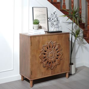 Credenza Rustica Boho con 2 Ante in Legno Massello Intagliato a Mano con Design Floreale per Soggiorno - Product Image 2