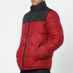 <b>Men's</b> Red Puffer <b>Jacket</b> Color Blocking Stand Collar Zipper Closure Windproof Winter Casual Wear Front Logo Quick Dry - Product Image 5