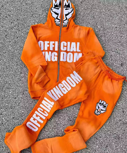 Sudadera con capucha y cremallera de estilo streetwear desgastado, térmica de invierno, transpirable, con lavado ácido, personalizable con bordado y estampado, y pantalones de chándal acampanados para hombre - Product Image 1