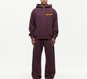 Ensemble sweat à capuche bordeaux pour homme avec logo flamme imprimé, tenue décontractée d'automne, 100 % coton French Terry, sweat à fermeture éclair et joggers - Product Image 1