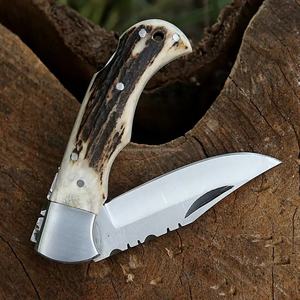Cuchillo plegable Drop Point con hoja de acero inoxidable, borde dentado, mango de cuerno, pomo para el pulgar, para caza, cuchillos de bolsillo de Damasco - Product Image 5
