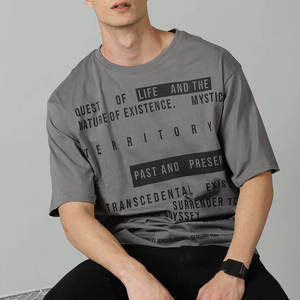 T-shirt gris surdimensionné pour homme avec imprimé lettres, manches courtes, col rond, jersey décontracté en coton respirant - Product Image 2