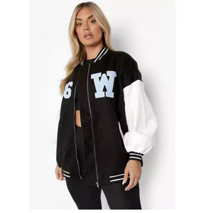 Chaqueta Universitaria Unisex Negra con Mangas Blancas, Estampado de la Letra W, Cierre de Cremallera, Estilo Preppy, para Otoño, Corte Regular - Product Image 3