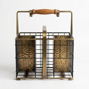 Panier en fil de fer fait main de 27 cm, noir, laiton antique, bois avec poignée de transport, porte-bouteilles Dukaan pour 6 bouteilles, décoration d'intérieur - Product Image 1