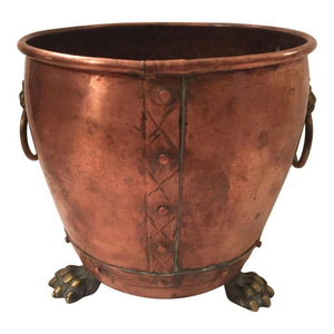 Vintage Copper Metal <b>Planter</b> Bowl with Brass Handles and Claw <b>Feet</b> Cottage Chic Porch <b>Pot</b> Home Garden Decor - Product Image 1
