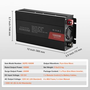 Convertisseur à onde sinusoïdale 1000W DC 12V vers AC 120V, double prises AC, 1 USB, 1 Type-C, commande à distance, onduleurs solaires portables - Product Image 4