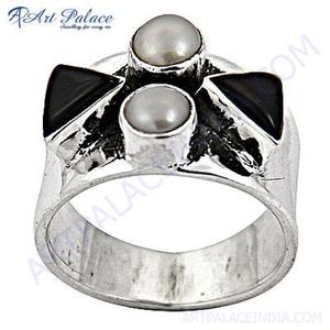 Art Palace Silver Plated Cocktail <b>Ring</b> With <b>Black</b> Onyx And Faux Pearl Crown Design Vintage Style Unisex - Product Image 5
