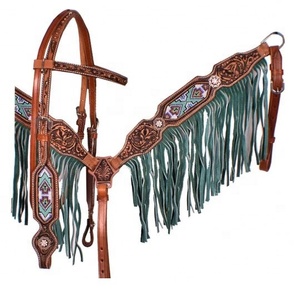 พรีเมี่ยมที่มีคุณภาพที่ทำด้วยมือ100% หนังวัวตะวันตกเครื่องมือและลูกปัด Headstall ชุดที่มีปลอกคอเต้านมขายส่งผู้ผลิต - Product Image 1