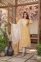 Ensemble ethnique décontracté traditionnel indien pour femmes, en coton imprimé couleur moutarde, coupe ample, longueur genou, avec dupatta, robe pour Diwali