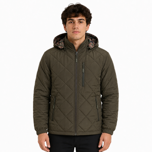 Blouson matelassé léger à capuche pour homme, vert olive, isolé, avec fermeture éclair intégrale, pour l'hiver, décontracté, d'extérieur, motif losanges - Product Image 1