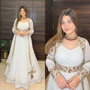 Salwar Kameez para Mujer, Georgette Sintético, Largo hasta el Suelo, Protección Solar, para Fiestas, Bodas, Graduaciones, Diwali - Product Image 2