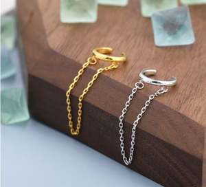 Pendiente de Oreja Minimalista de Plata de Ley sin Perforación con Cadena Colgante, Pendientes de Plata o Oro, Pendiente de Oreja con Cadena - Product Image 3