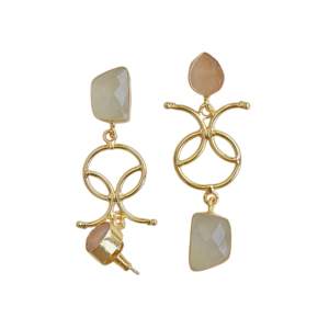 Boucles d'oreilles pendantes plaquées or avec double pierre en quartz rose semi-précieux et calcédoine rose-blanc, bijoux en pierres précieuses naturelles - Product Image 6