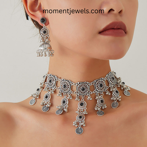 Vintage Ethnic Jewelry <b>Set</b> Choker Necklace and Drop Earrings Alloy <b>Crystal</b> Rhinestone Wedding Party Accessory for Women - Product Image 2