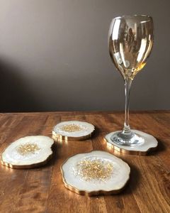 Cream <b>White</b> Resin <b>Coaster</b> Set Gold Leaf Centers Wine Chalice Cushion Table Protection Mat Hospitality Sourcing Enterprise - Product Image 1