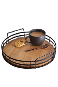 Ensemble de plateaux de service modernes en bois avec poignées métalliques, rectangulaires et ronds, pour la cuisine, la décoration de la maison et le service des aliments - Product Image 2