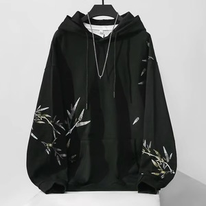 เสื้อฮู้ดปักลายใบไผ่สไตล์จีนผ้าฝ้าย 100% แบบสั่งทำพิเศษสำหรับผู้ชาย เสื้อฮู้ดสวมหัวเรียบง่ายสำหรับฤดูใบไม้ผลิ - Product Image 3