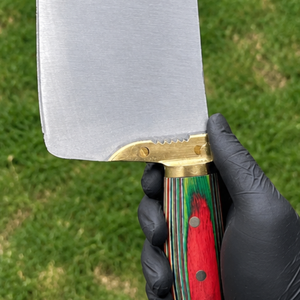 Couteau à viande de boucher robuste PK-FN-DR, lame courbée argentée, manche multicolore rouge et vert, bolster doré, couteaux de cuisine pour hacher - Product Image 6