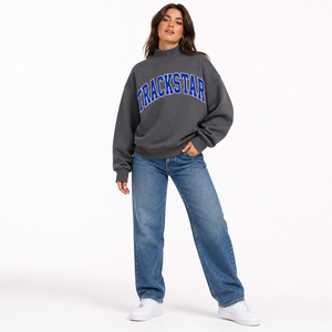 Sweat-shirt à col montant pour femme Charcoal Royal Blue Trackstar, style universitaire, avec logo personnalisé, OEM, marque privée, vente en gros, pull-over - Product Image 1