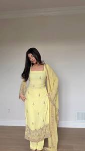 Conjunto de Salwar Kameez de Microalgodón de Secado Rápido con Bordado Amarillo de NiMa Creations, Traje Tradicional Indio Pakistaní para Mujer - Product Image 2