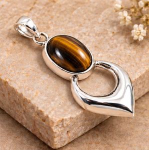 Pendentif en argent œil de tigre naturel, bijou ovale en pierre précieuse brun doré, pendentif statement en argent sterling 925, cadeau élégant pour lui - Product Image 1