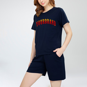 Women's Navy Blue Two-Piece <b>Set</b> Sleeveless Strapless Top Knee-Length Shorts Casual Regular Fit Summer Wear Polyester/Cotton - Product Image 1