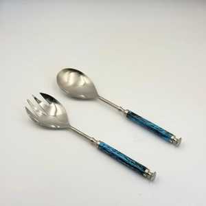 Stainless Steel Metal Salad <b>Server</b> With Polished Resin Amber Handles Large Serving Spoon And Fork Set For Gourmet Charioteer - Product Image 4
