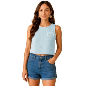Top Corto Azul Claro con Bordado Floral para Mujer, Chaleco de Verano sin Mangas de Algodón, Logotipo Personalizado, Moda Casual Urbana - Product Image 1