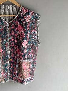 Gilet en coton imprimé floral pour femme, col en V, sans manches, style blazer, décontracté, ouvert sur le devant, poches plaquées, longueur standard, CADEAU POUR ELLE - Product Image 3