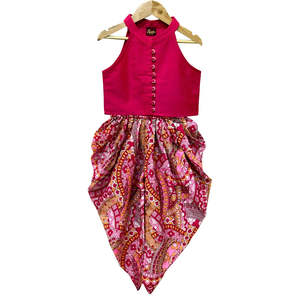 Ensemble Dhoti en Chanderi uni pour filles, haut rose sans manches, tenue indienne élégante pour fêtes et occasions décontractées, polyester/coton - Product Image 1