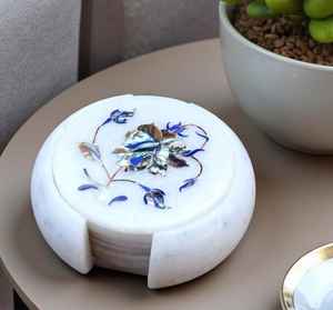 Sous-verres en marbre floral en pierres semi-précieuses, ensemble de sous-verres incrustés faits à la main, décoration élégante pour la maison, cadeau - Product Image 3