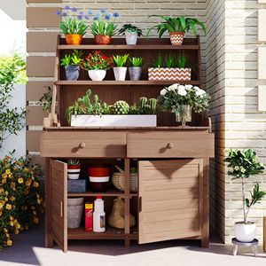Tavolo da Giardinaggio in Legno di Abete da 65 Pollici con Cassetto e Armadietto, Postazione di Lavoro Marrone con Video di Montaggio Incluso - Product Image 1