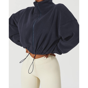 New Arrival <b>Women's</b> <b>Navy</b> Blue Fleece Zip-Up Crop Jacket Stand Collar Full Sleeve Autumn Wear Solid Color Unlined Sweatshirt OEM - Product Image 6